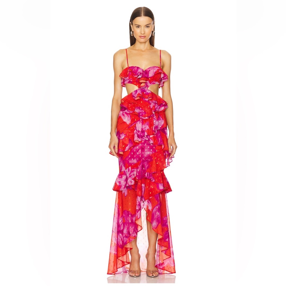 Michael Costello Vibrant Red and Pink Backless Dress
